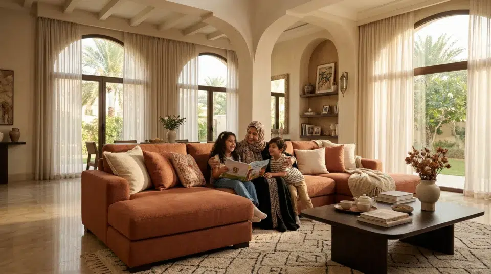 Terracotta performance fabric sofa in an Abu Dhabi villa multigenerational family scene, Karnak Home UAE 2026