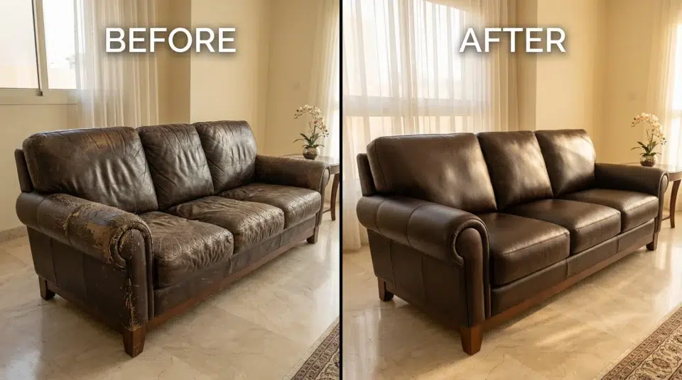 Sofa repair before and after comparison in a Sharjah villa — foam replacement and leather restoration, Karnak Home UAE 2026