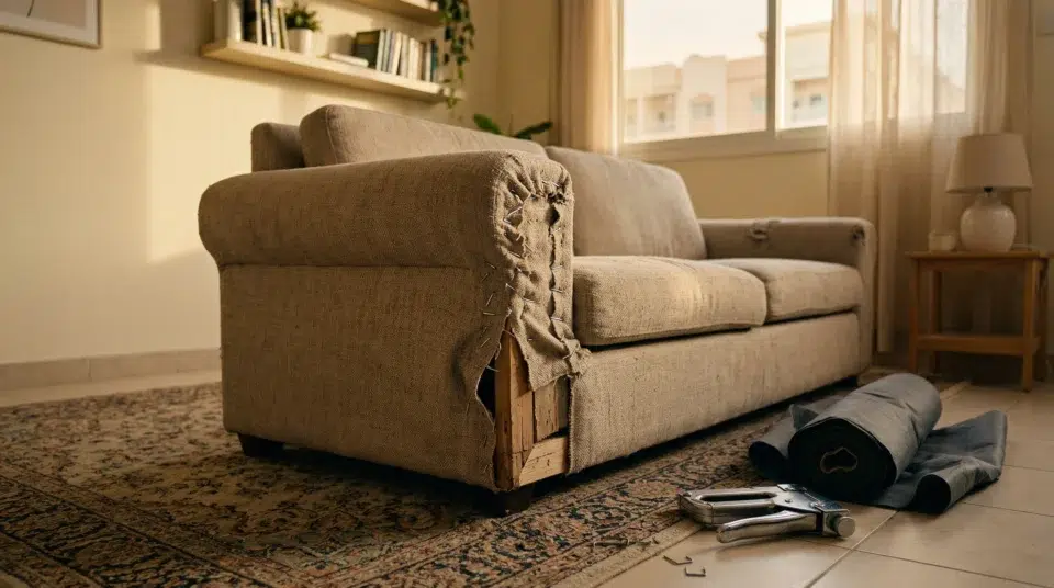 DIY sofa repair fail showing amateur fabric re-stapling over an unresolved frame joint in a Sharjah apartment — Karnak Home UAE 2026
