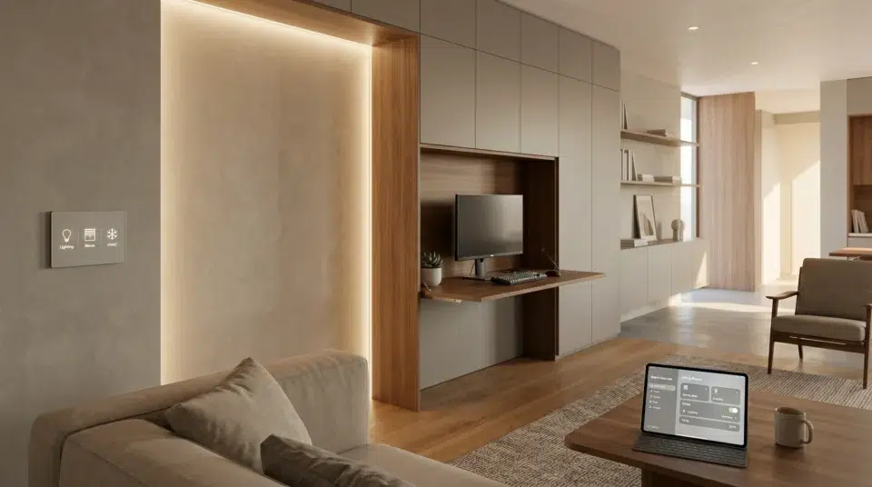 Smart home renovation trend Dubai 2026, motorised blinds and integrated storage wall in a JVC apartment by Karnak Home