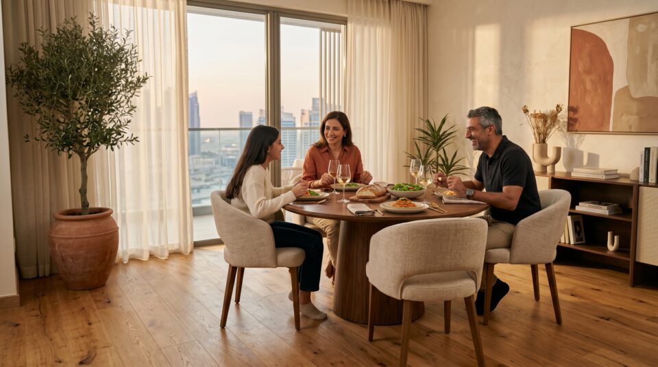 Parquet flooring Dubai — warm honey oak engineered hardwood in Dubai Hills Estate dining room, Karnak Home trend 2026