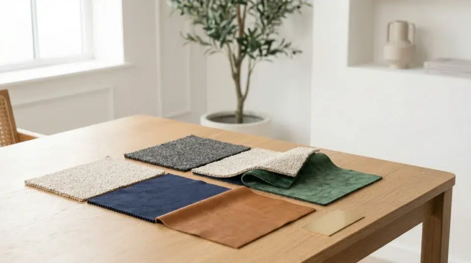 Sofa upholstery fabric swatches UAE including boucle, velvet and performance microfibre, Karnak Home Dubai