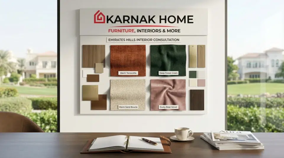 Sofa colour trends 2026 UAE fabric consultation Emirates Hills villa, Karnak Home design consultant
