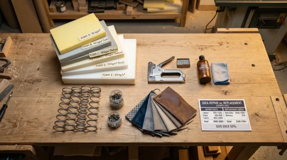 Karnak Home technician conducting a sofa repair assessment in a Dubai Marina apartment — professional home visit service UAE 2026