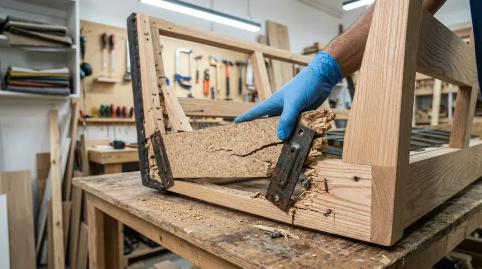 Sofa frame inspection showing difference between cracked particleboard and sound hardwood — Karnak Home Dubai workshop 2026