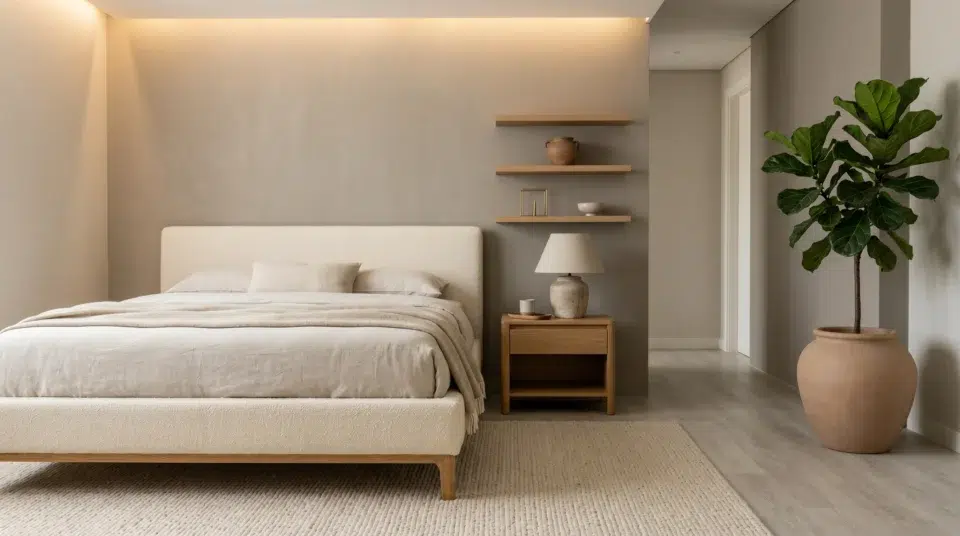 Japandi renovation trend Dubai 2026, warm minimalist bedroom in a Dubai Hills villa with Karnak Home upholstered bed and LVT flooring