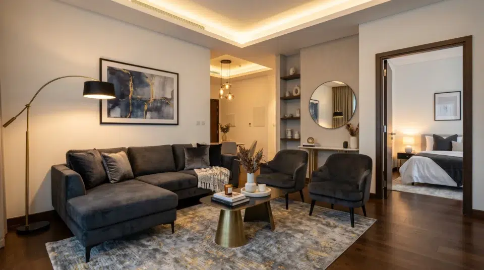 Refurnishing for rental yield Dubai 2026, premium short-term rental apartment in Downtown Dubai furnished with Karnak Home furniture for maximum Airbnb appartment