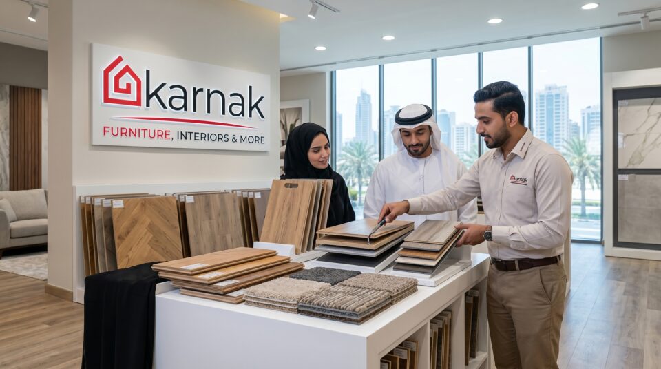 Flooring materials for UAE climate — LVT, parquet and carpet tile samples at Karnak Home showroom Sharja