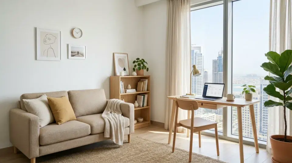 Budget sofa repair Dubai studio apartment re-upholstered oat fabric, Karnak Home UAE 2026