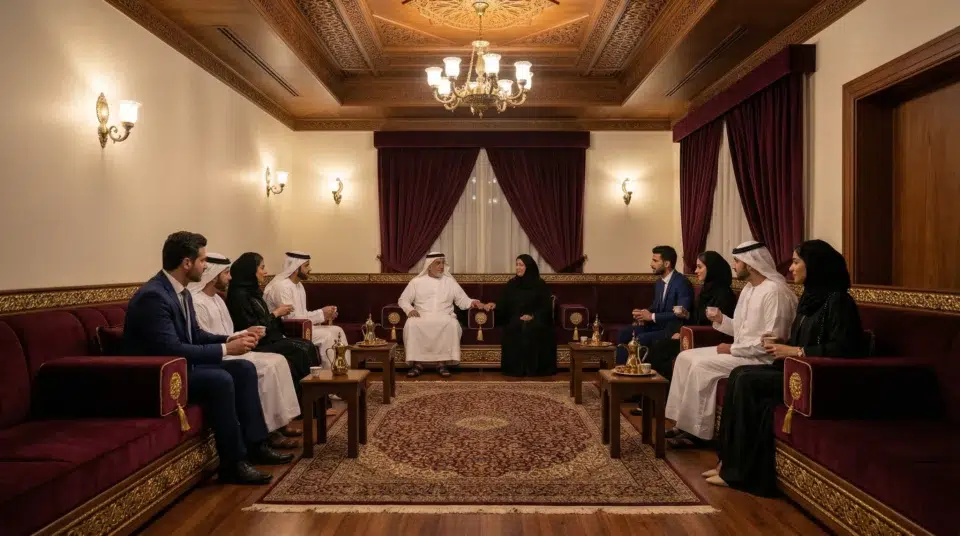 Majlis sofa trends UAE 2026 Sharjah villa re-upholstered burgundy velvet, Karnak Home