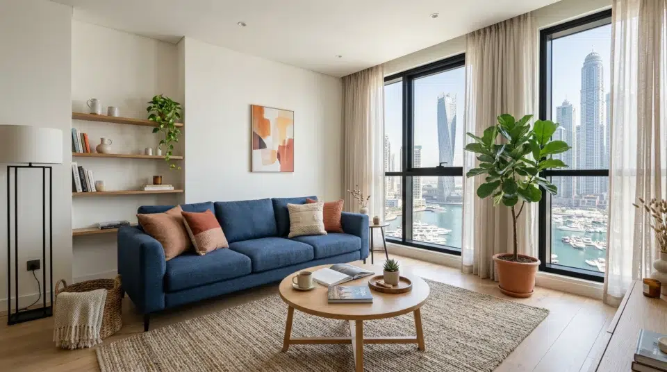 Mid-range performance fabric sofa in a Dubai Marina apartment — Karnak Home UAE 2026