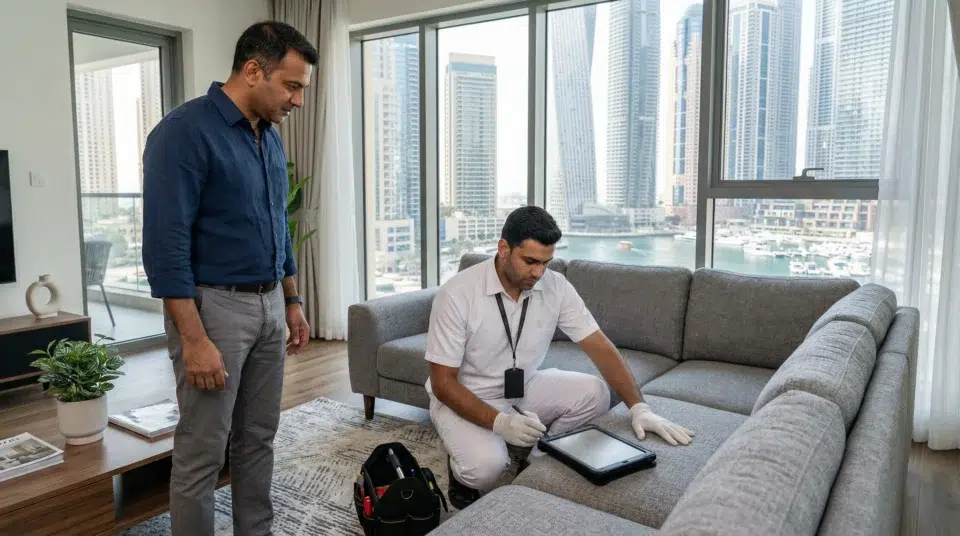 Karnak Home technician applying leather conditioning repair treatment to a premium sofa in a Mirdif Dubai villa — UAE 2026