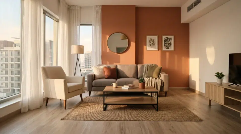 Mid-budget renovation services Dubai 2026, stylishly renovated JVC apartment with Karnak Home furniture, warm lighting, and an UAE expat family
