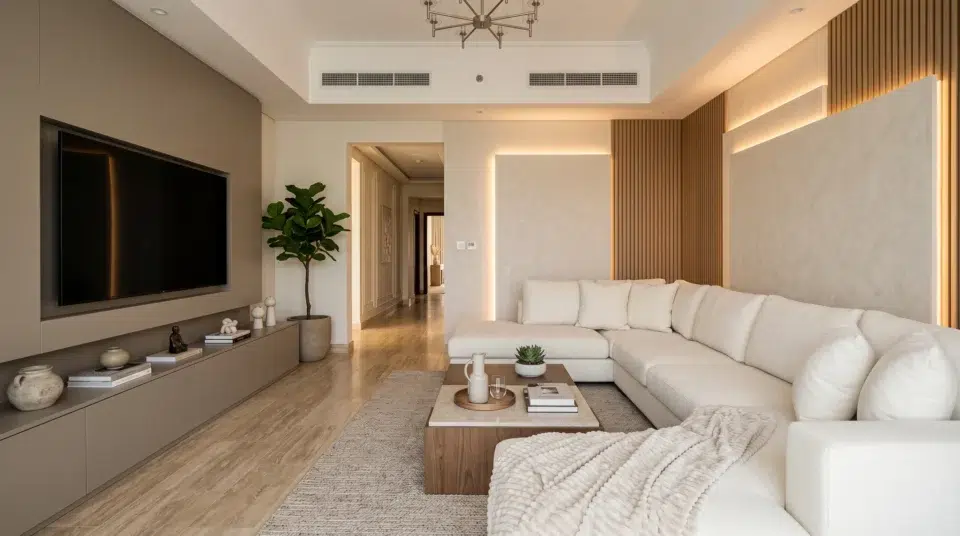 Alt: Climate-proof renovation trend Dubai 2026, UV-resistant furniture and motorised blinds in a Dubai Marina villa by Karnak Home