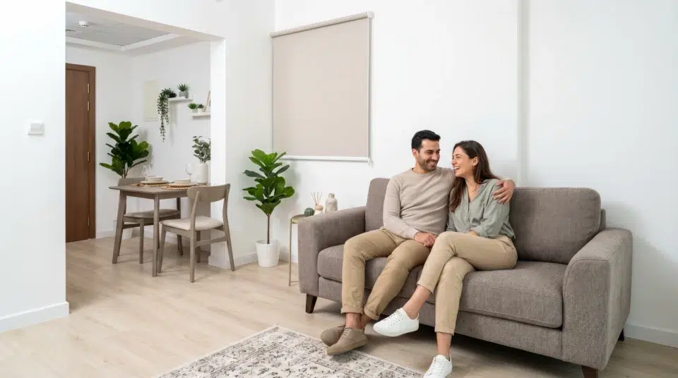 Budget renovation Dubai 2026, stylish JVC apartment renovation result with Karnak Home sofa and LVT flooring on a mid-range budget