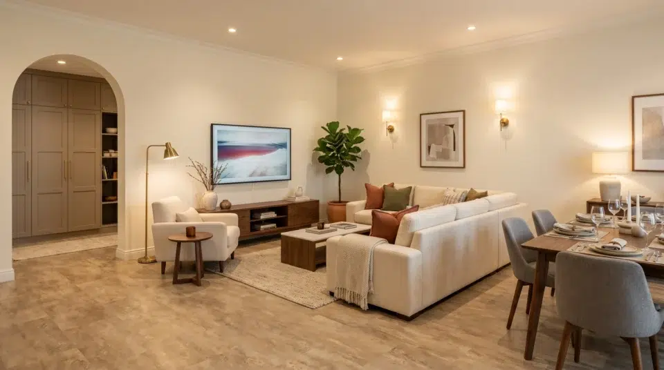 Hybrid renovation and refurnishing Dubai 2026, completed villa transformation in The Springs with Karnak Home furniture and new LVT flooring