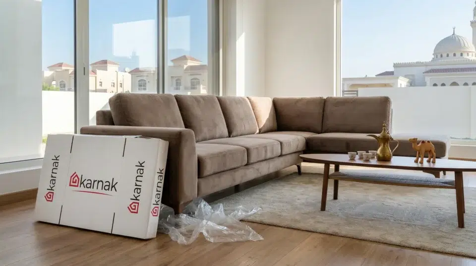 Filename: sofa-repair-delivery-installation-sharjah-villa-karnak.jpg Alt: Karnak Home sofa repair delivery and installation team in Sharjah villa with UAE family, expert service UAE