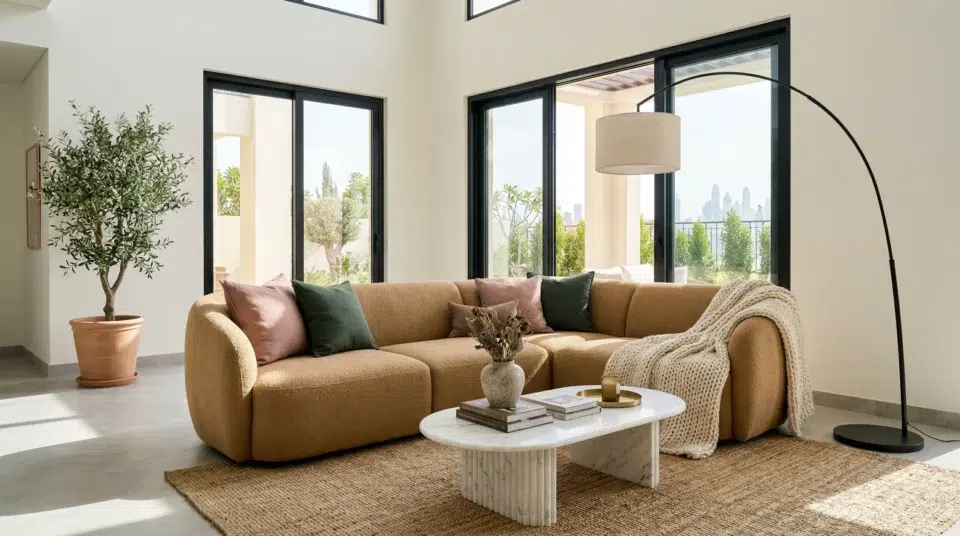 Sofa styling trends UAE 2026 Dubai Hills villa camel boucle with cushions and accessories, Karnak Home