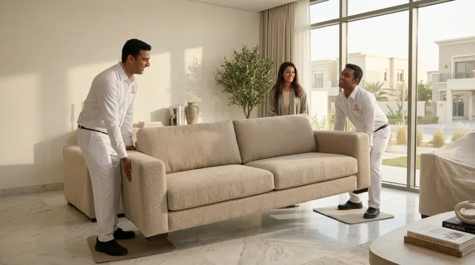 Karnak Home delivery team installing a performance fabric sofa in a Dubai villa in Arabian Ranches — free delivery and installation UAE 2026