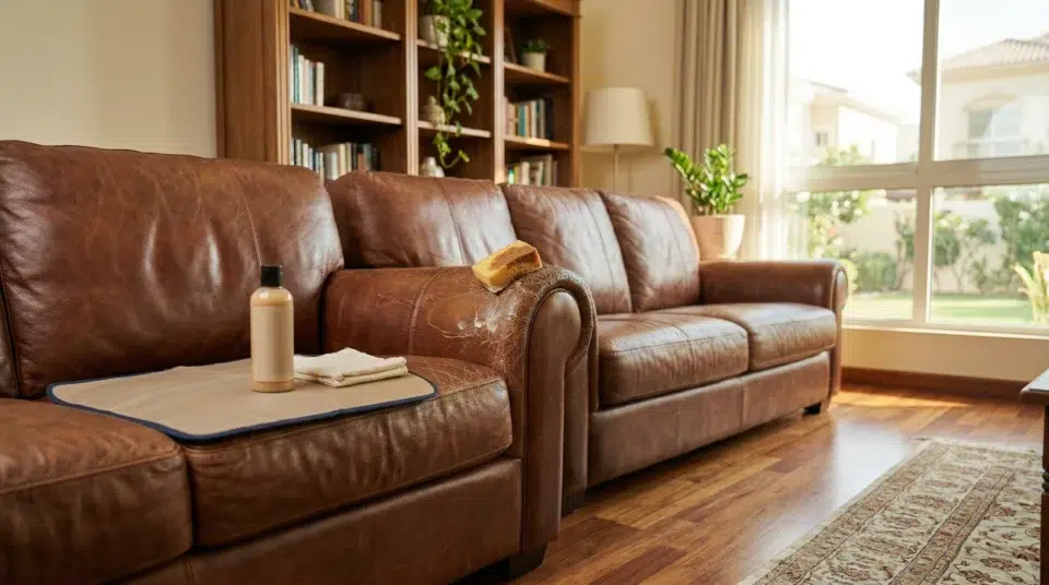 Fully repaired leather corner sofa with UAE family in an Abu Dhabi Khalifa City apartment  Karnak Home 2026