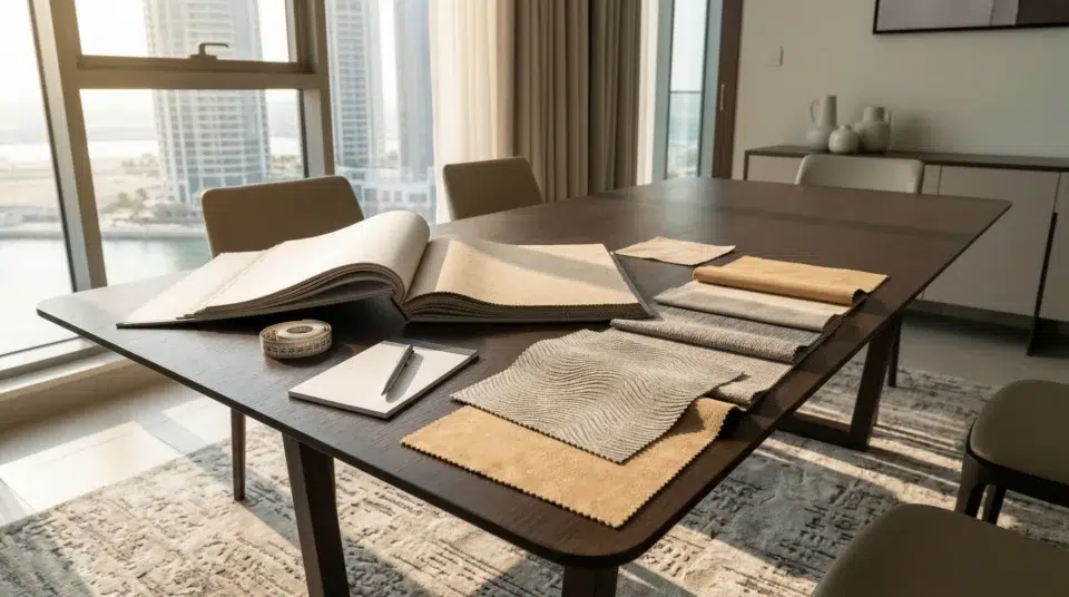 Sofa frame inspection showing difference between cracked particleboard and sound hardwood — Karnak Home Dubai workshop 2026