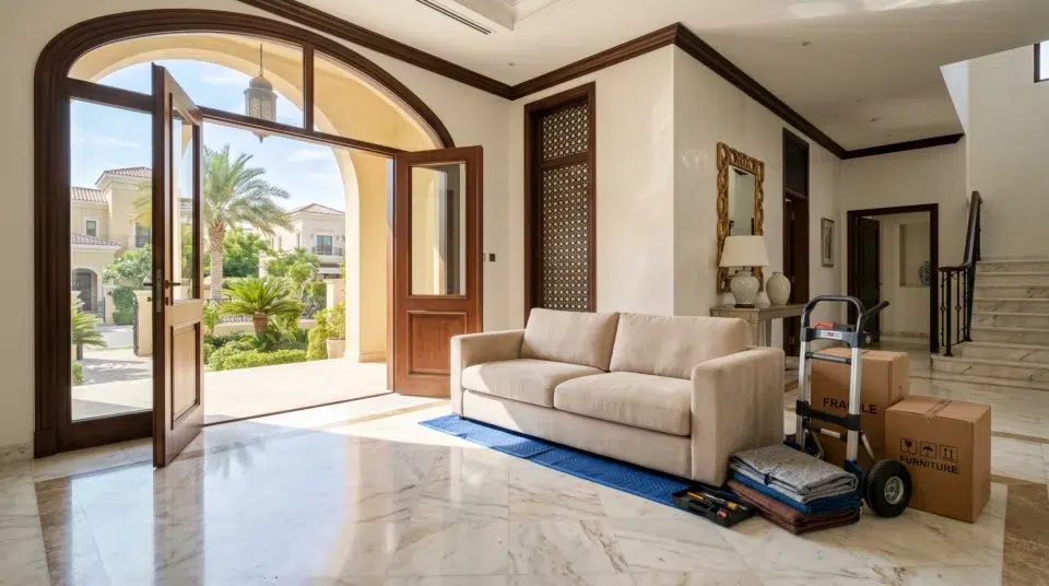 Karnak Home renovation and furniture installation team delivering a sofa to a Dubai villa in Arabian Ranches, professional renovation services Dubai 2026