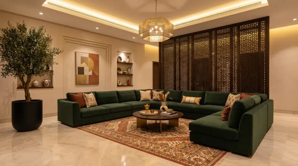 Majlis-modern renovation trend Dubai 2026, deep green velvet sofa with mashrabiya divider in a Jumeirah villa living room by Karnak Home