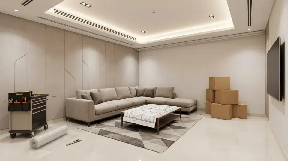 Karnak Home complete refurnishing team delivering and installing furniture in a Dubai Marina apartment, renovation vs refurnishing Dubai 2026