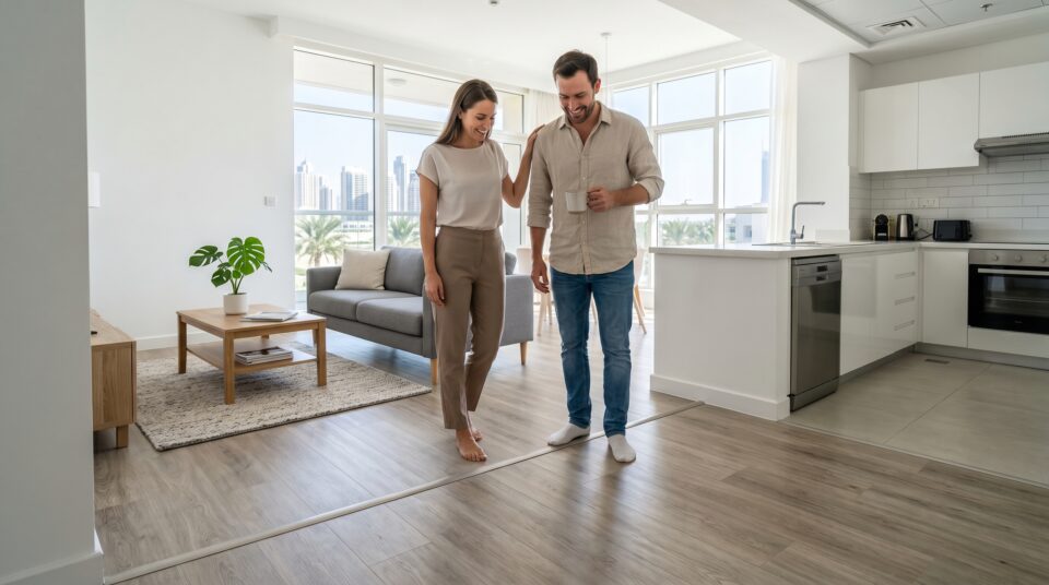 Karnak Home flooring installation team fitting herringbone parquet in Dubai villa — flooring services Dubai 2026