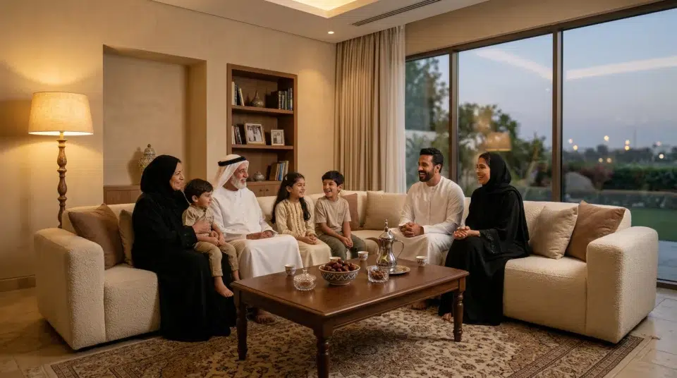 UAE family on restored sofa in Abu Dhabi villa, multigenerational lifestyle, Karnak Home sofa repair UAE