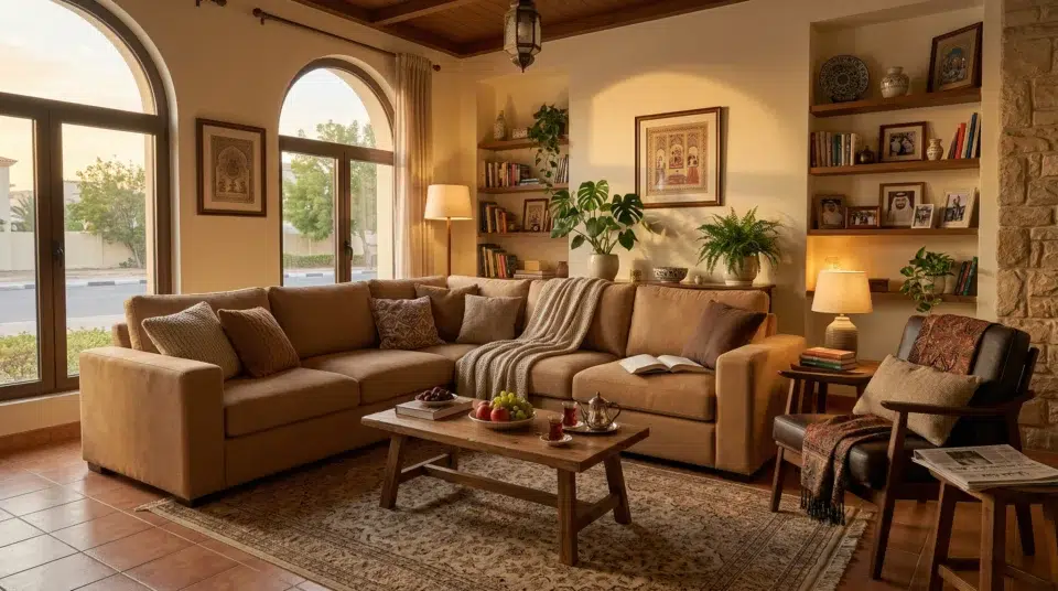 Multigenerational UAE family gathered on performance fabric L-shape sofa in a Sharjah townhouse — Karnak Home 2026