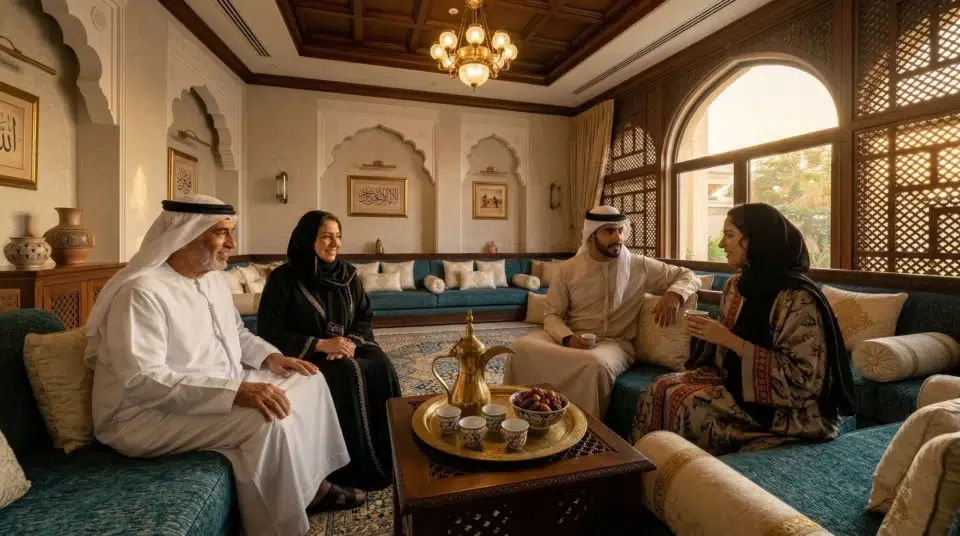UAE Emirati family in a beautifully styled Sharjah villa majlis with performance fabric sofa set — Karnak Home 2026
