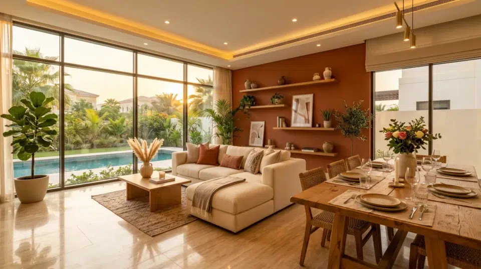 Completed renovation services Dubai 2026, multigenerational UAE family enjoying a beautifully furnished Jumeirah villa renovated and styled by Karnak Home