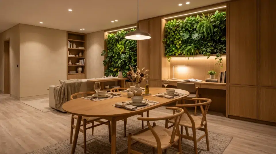 Completed 2026 renovation trends Dubai, warm family dining scene in a Dubai Hills villa styled across biophilic, japandi and smart home trends by Karnak Home