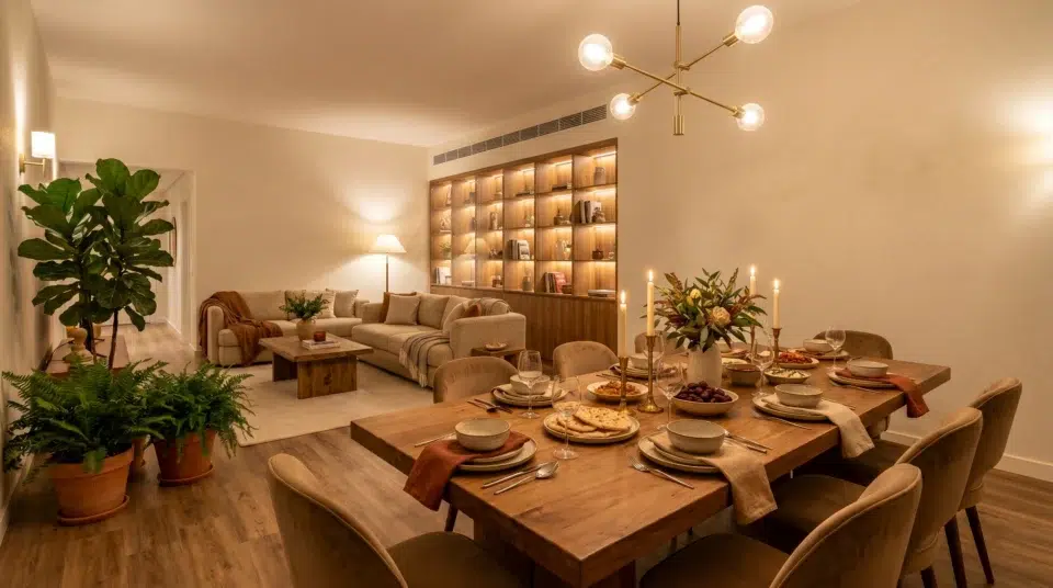 : Completed renovation Dubai Hills villa 2026, UAE multigenerational family at Karnak Home dining table enjoying a fully renovated and furnished home