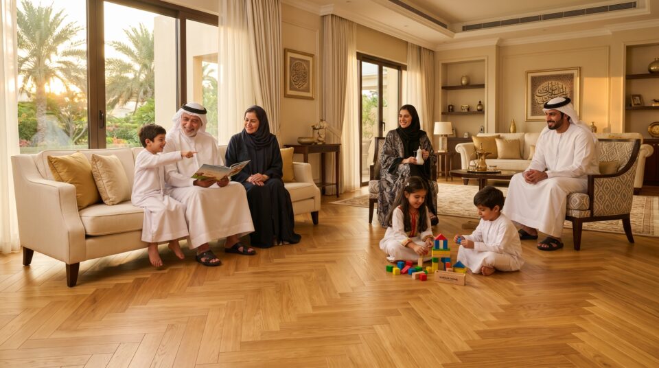 Flooring services Dubai — multigenerational family on premium LVT in Emirates Hills villa, Karnak Home UAE 2026