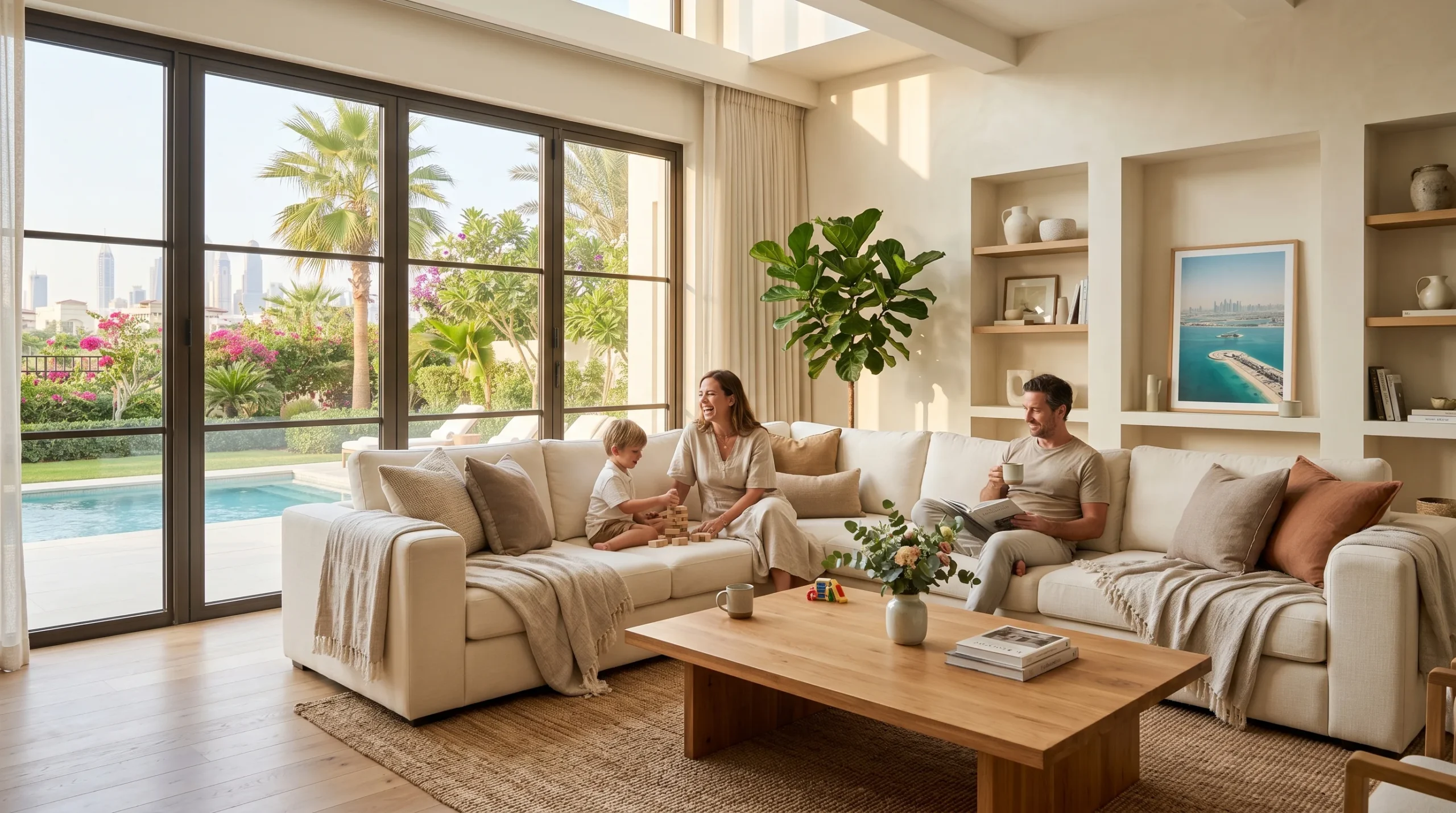 Affordable luxury furniture Dubai stylish living room in a UAE villa with cream sectional sofa and warm wood accents