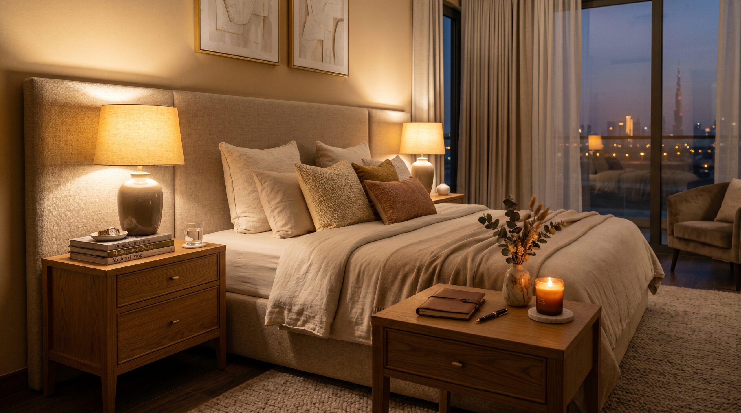 Matching bedside tables in Dubai villa master bedroom with warm lamp lighting