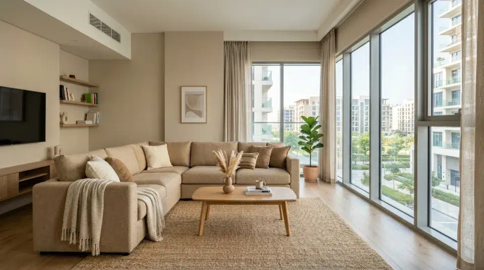 Alt: Best sofa fabric for Dubai climate — performance fabric corner sofa in a JVC apartment, Karnak Home UAE 2026