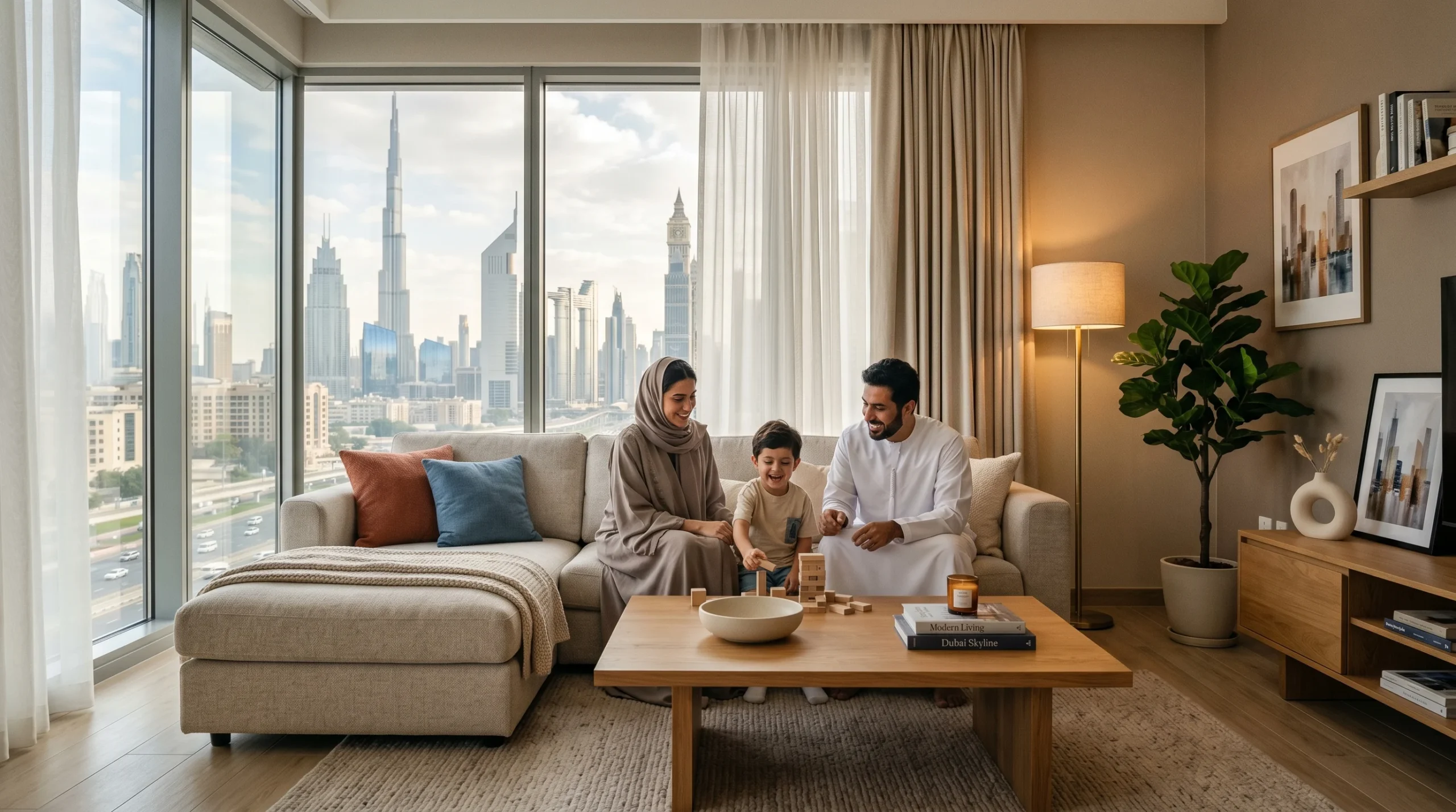 Best value furniture Dubai quality — modern living room with neutral sofa and wood accents in UAE home