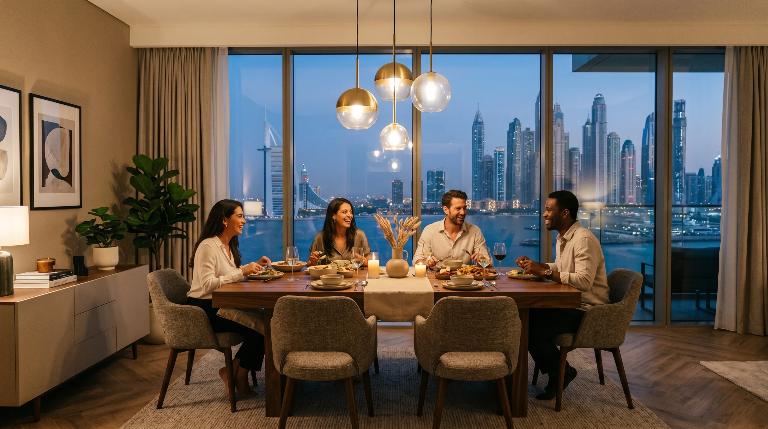 Affordable dining room furniture in a Dubai apartment solid wood table with upholstered chairs and pendant lighting