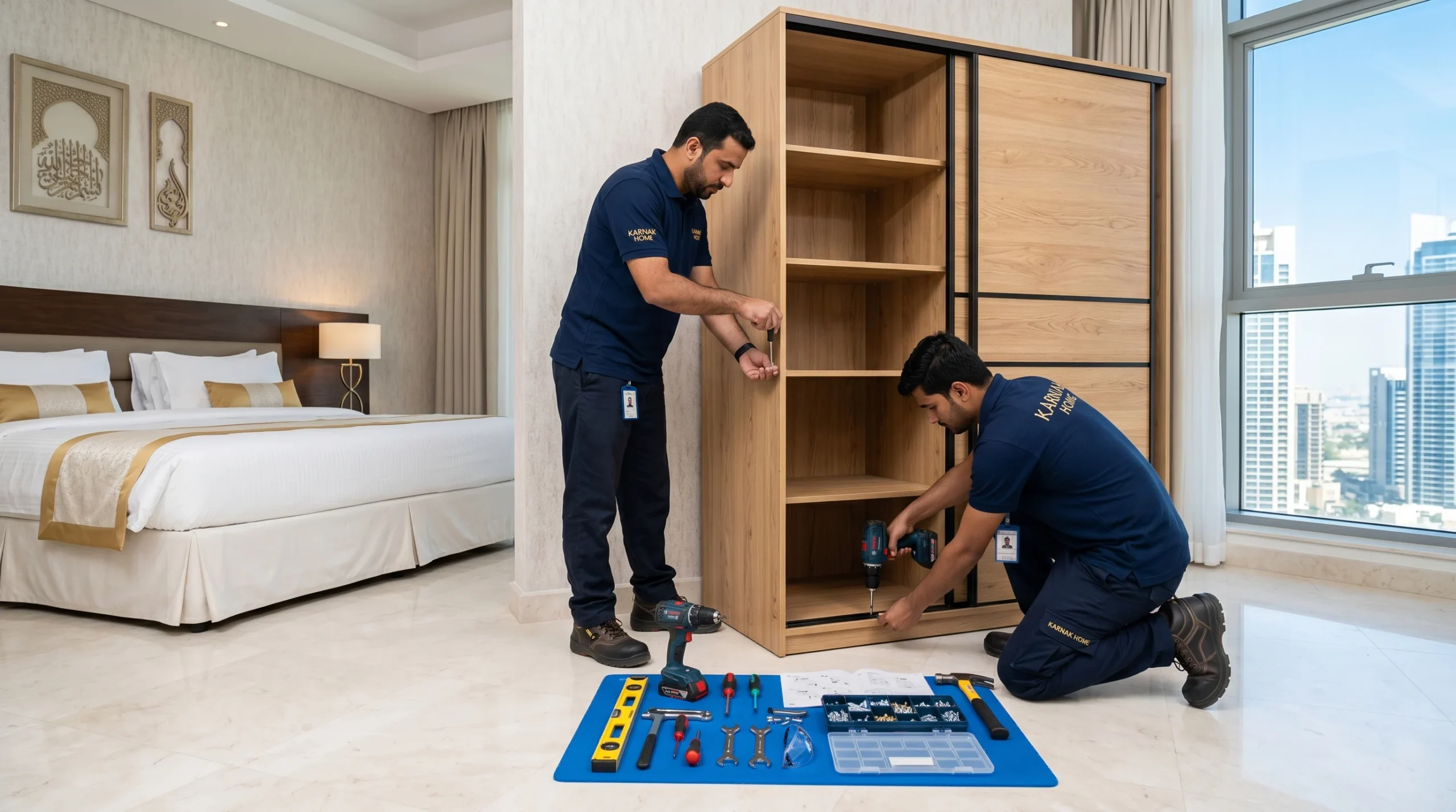 Professional furniture assembly service in Dubai — technicians assembling wardrobe in UAE bedroom