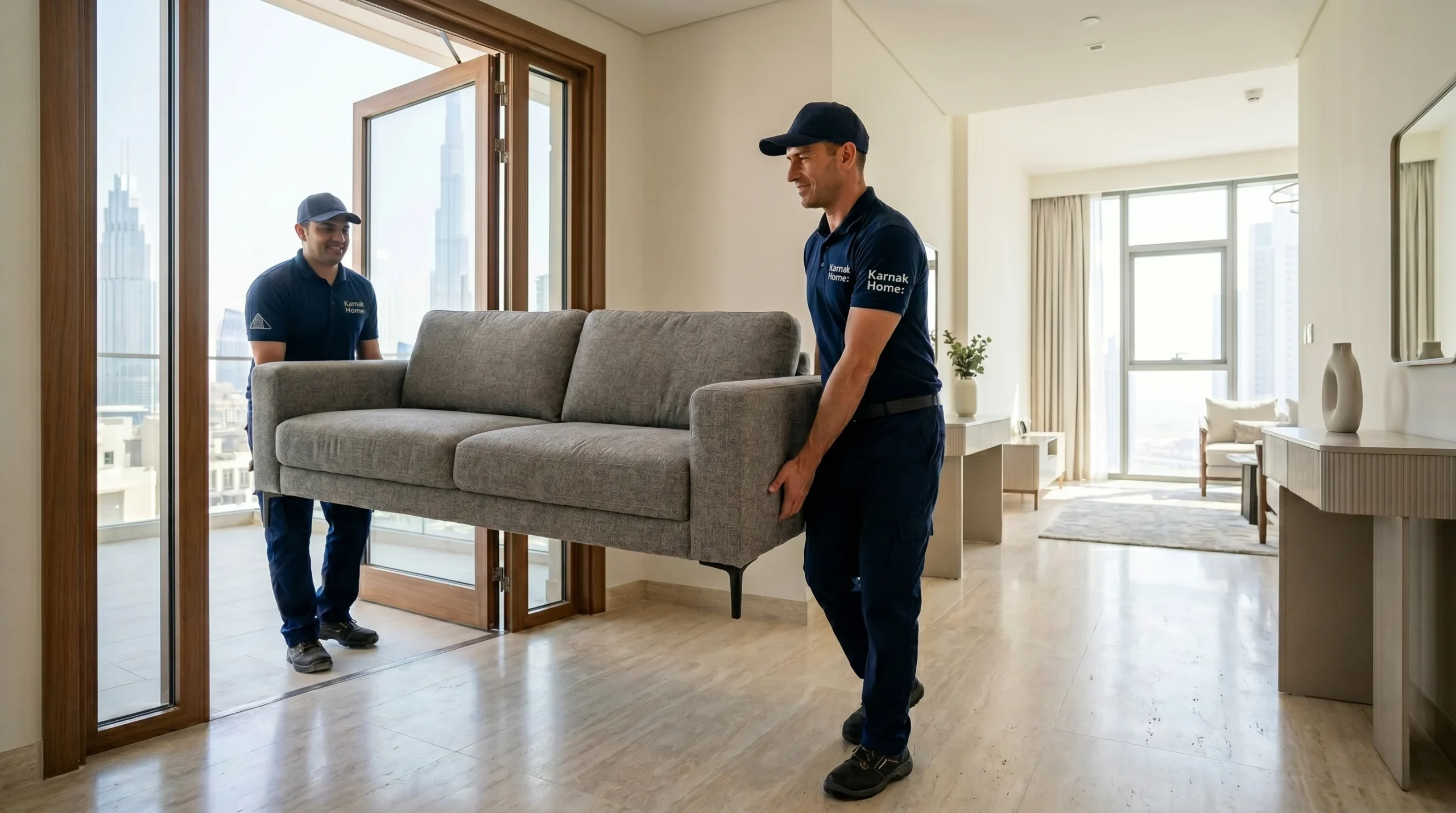 Furniture delivery and assembly in Dubai — Karnak Home delivery team bringing sofa into modern apartment