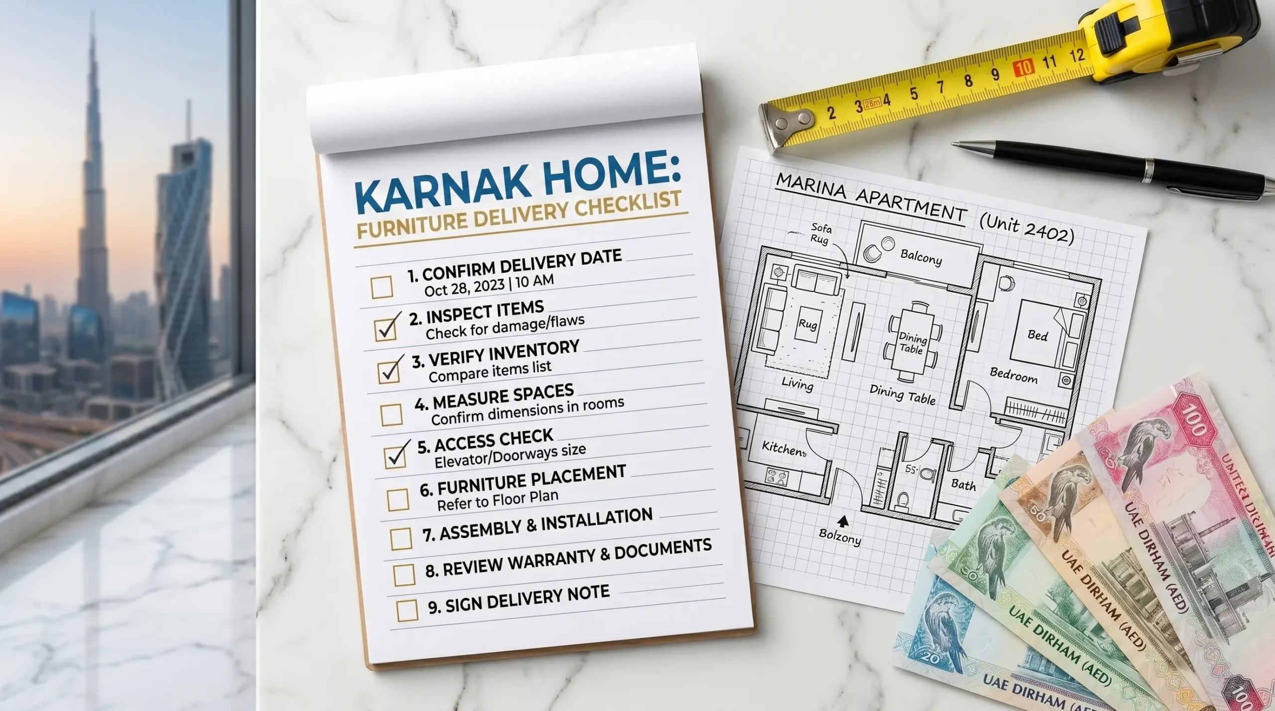 Furniture delivery cost and checklist Dubai — planning notes with AED currency