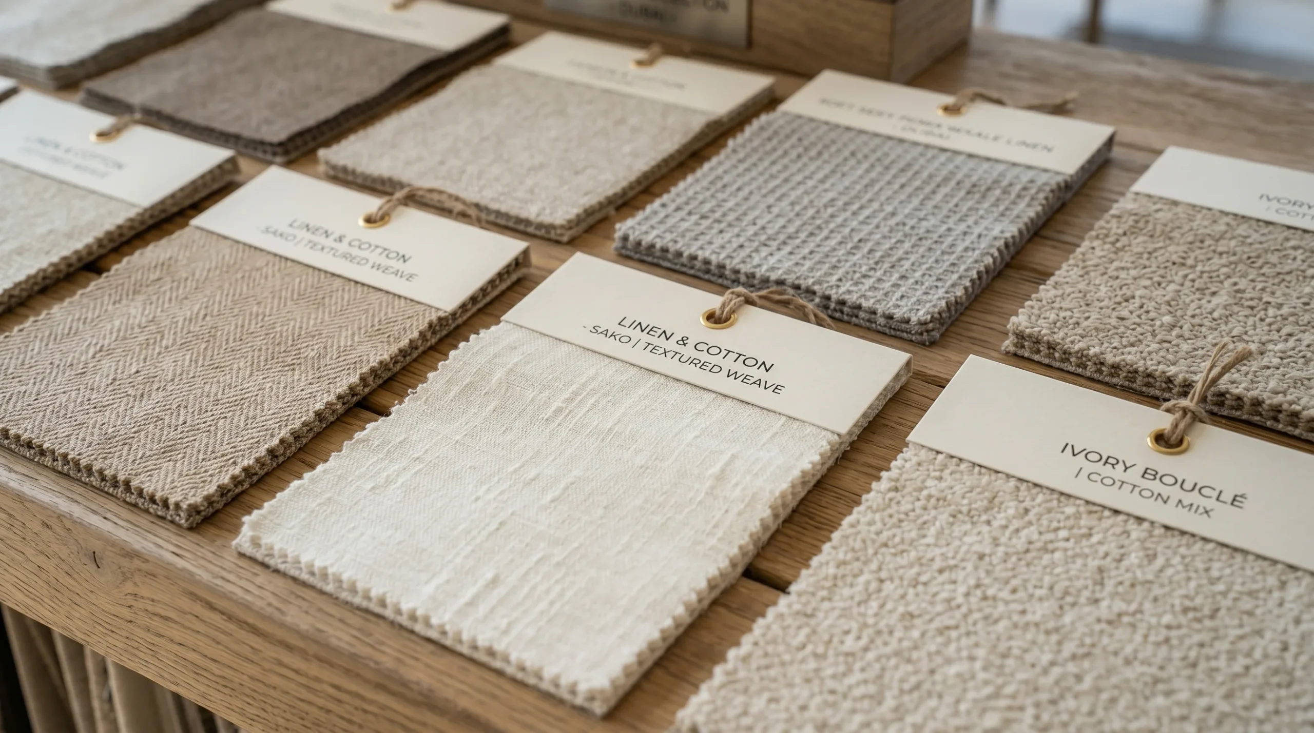 Fabric swatches for furniture in UAE climate linen, cotton, and performance fabrics suitable for Dubai homes