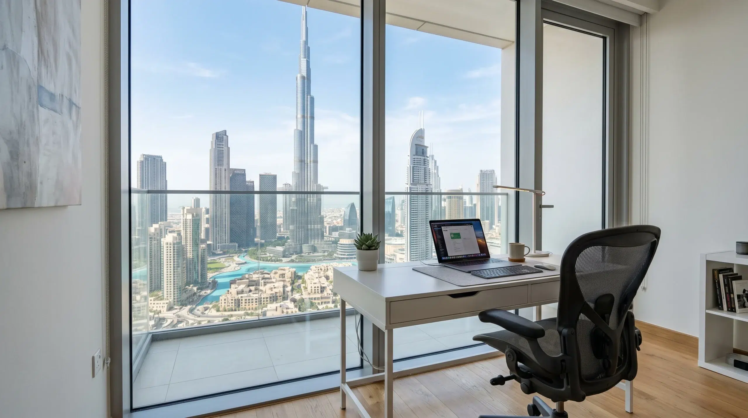 Minimalist desk and mesh chair with Dubai skyline view.