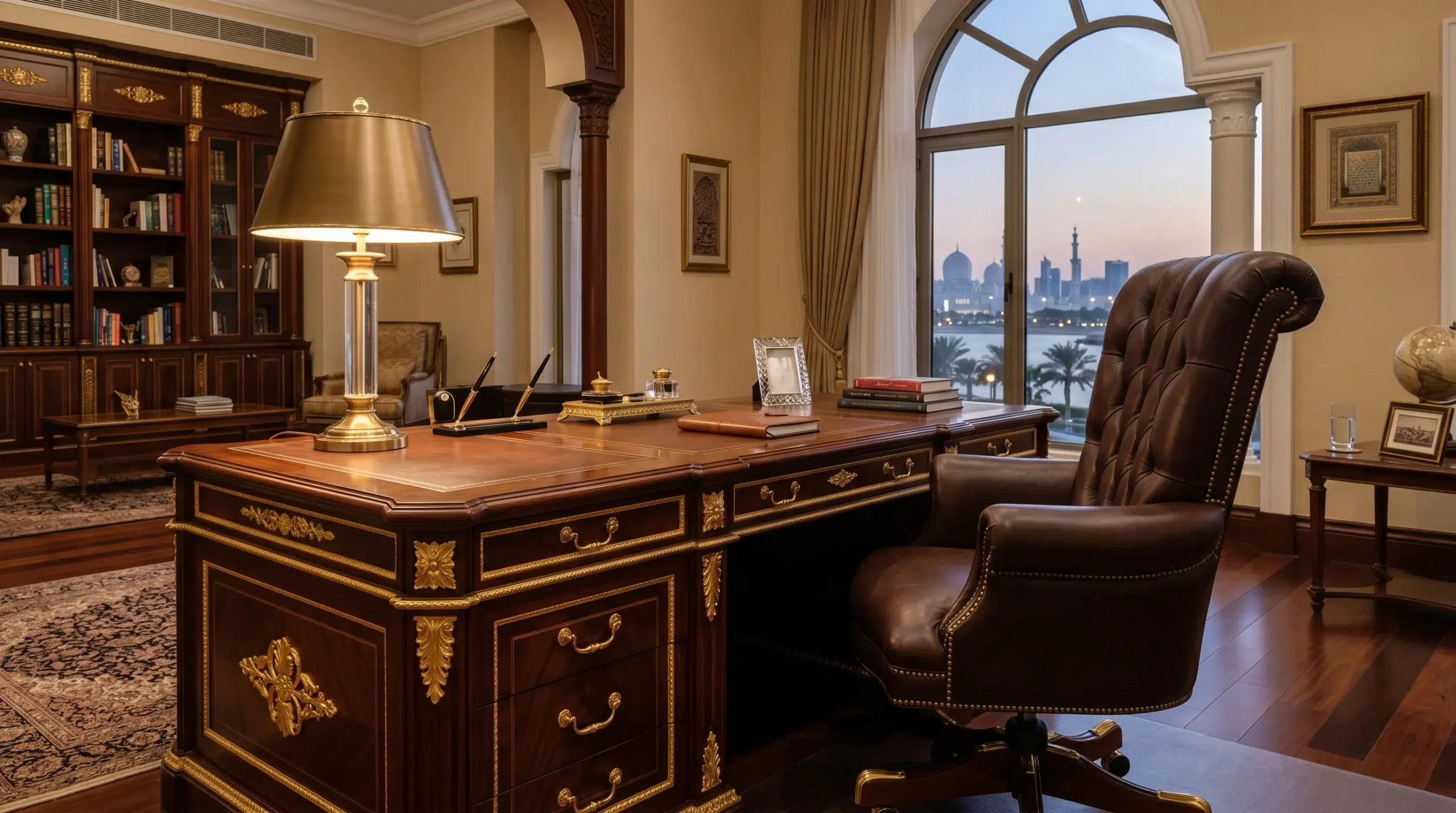 Luxury wooden executive desk in a villa study.