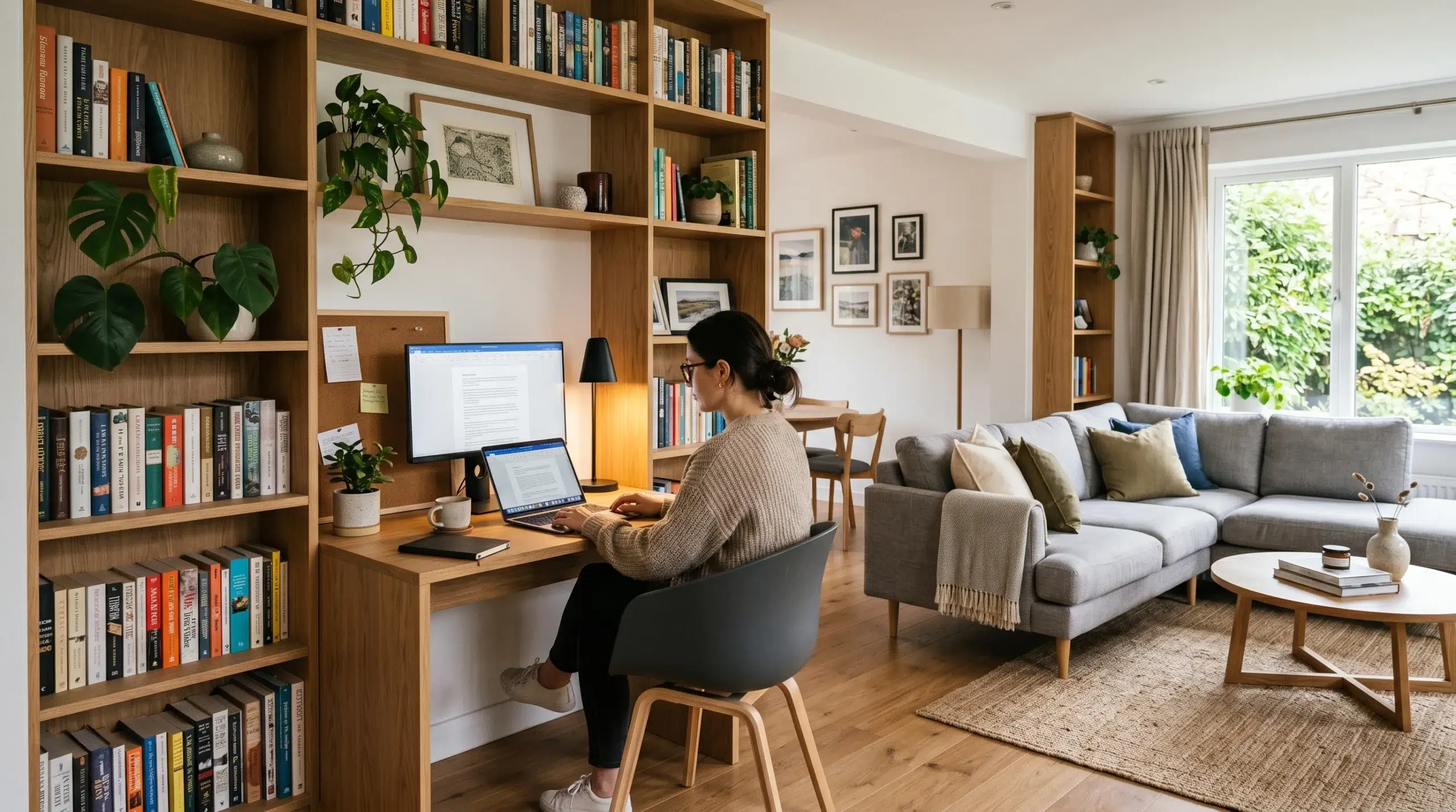 Compact modular workspace integrated into a modern living room.