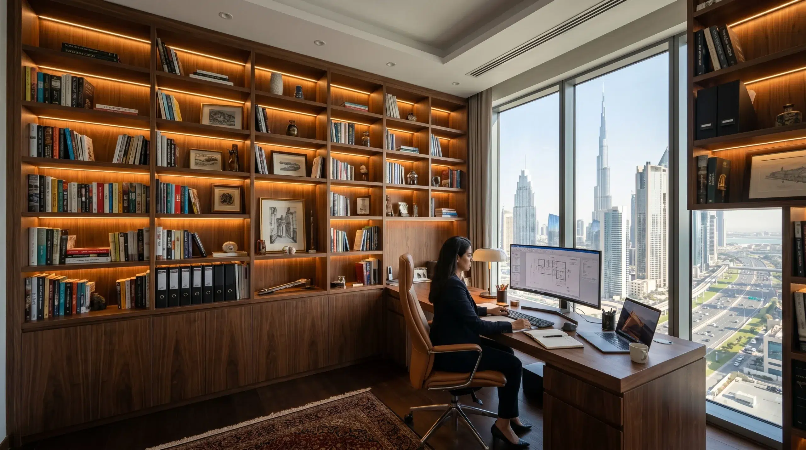 Custom built-in bookshelves and LED home office lighting.