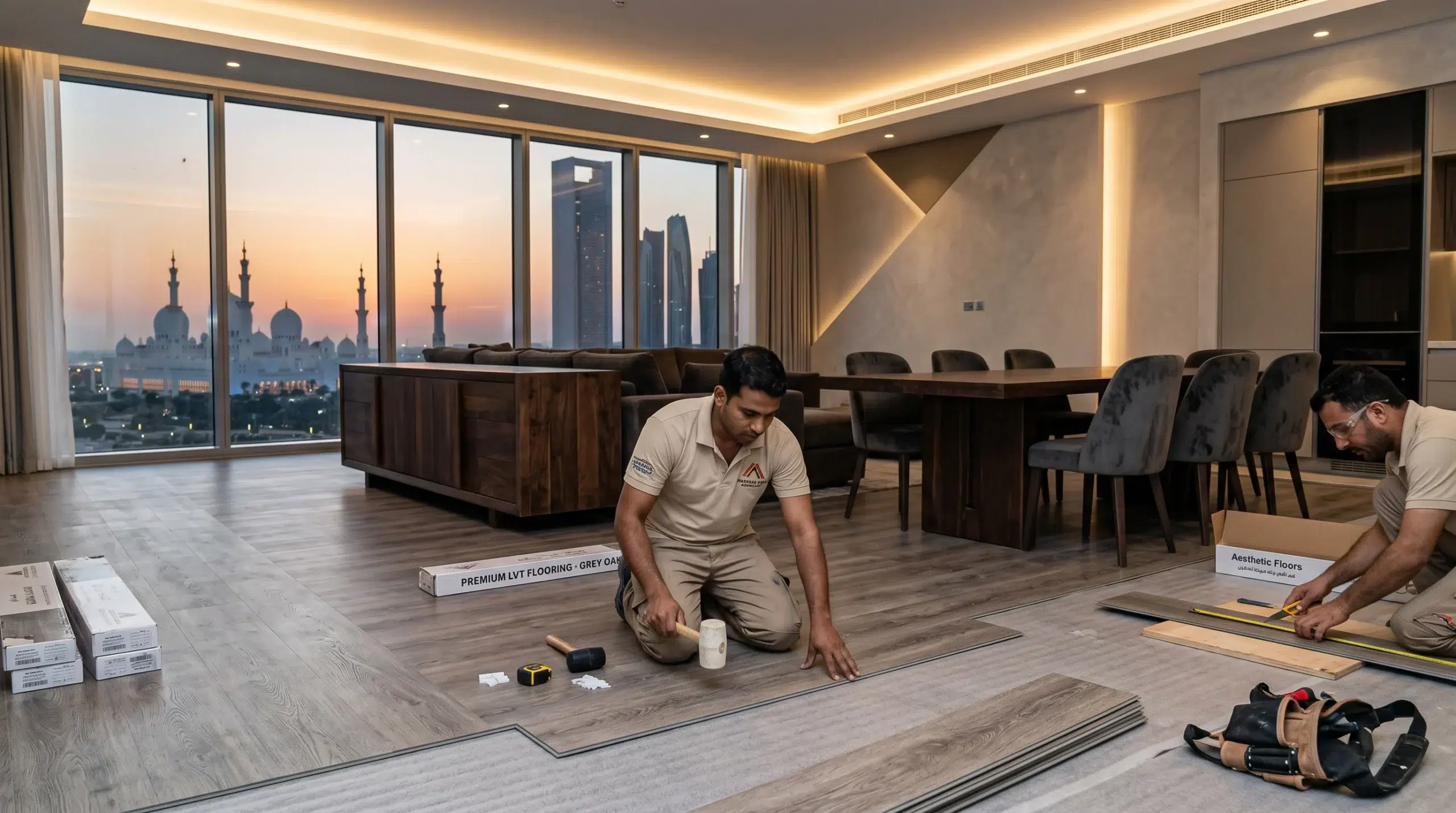 LVT flooring installation in a modern UAE apartment.